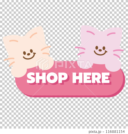 SHOP HERE sale icon with cat for pet shop, online shopping, marketing, promotion, sticker, banner, discount, social media, print, template, campaign badge, web, mobile, brochure, icon, kitten patch 116881154
