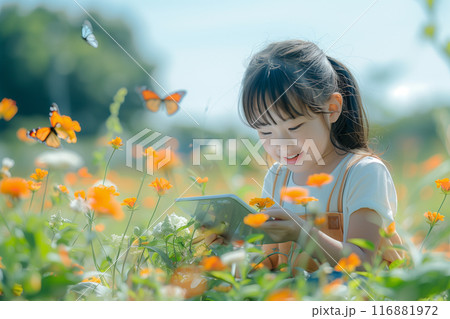 野原でタブレット端末を使って植物の名前を調べるアジア人の女の子。春の野原。AI生成画像 116881972