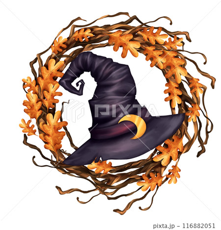 Witch hat. Halloween illustration with autumn wreath. Witch hat. Halloween illustration with autumn wreath. 116882051