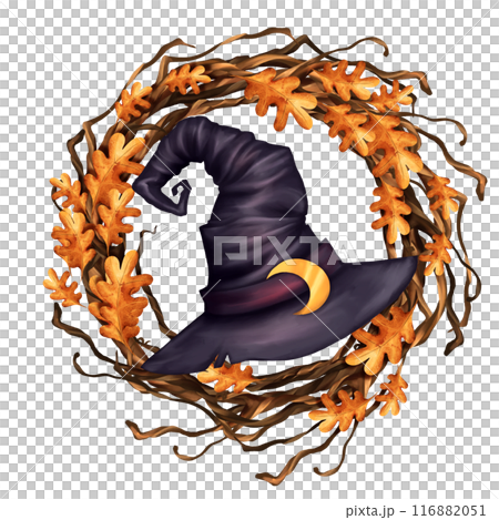 Witch hat. Halloween illustration with autumn wreath. Witch hat. Halloween illustration with autumn wreath. 116882051