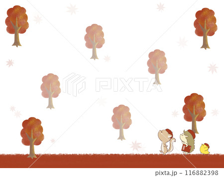 木のある道を歩く動物たちのフレーム 116882398