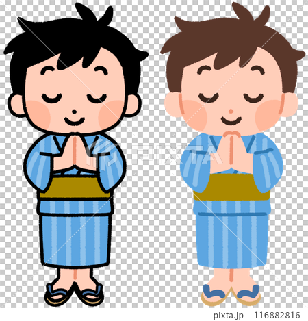 Boy in yukata clasping hands Boy in yukata clasping hands 116882816
