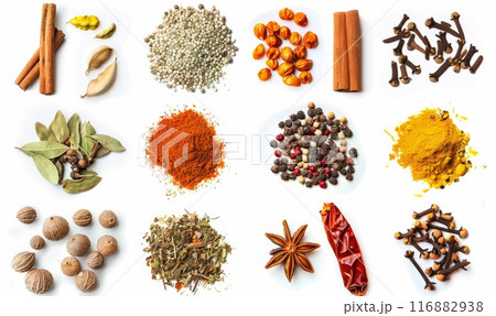 Assortment of spices on white background. Spicy cooking concept. 116882938