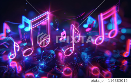 Glowing neon, grunge music sheets notes on beautiful lights bokeh background. Sound concept background 116883013