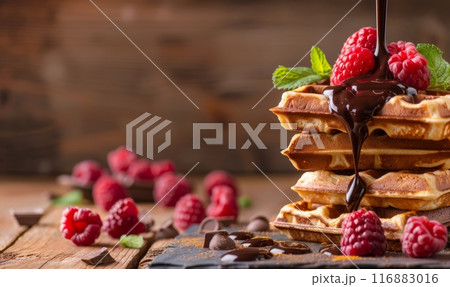 Belgian waffles with melted chocolate and raspberries, flying ingredients. Tasty breakfast concept. 116883016