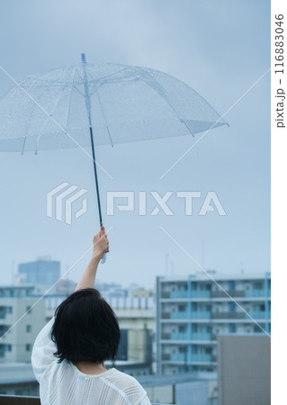 降りしきる雨の中、力強く傘をさすミドル女性 降りしきる雨の中、力強く傘をさすミドル女性 116883046