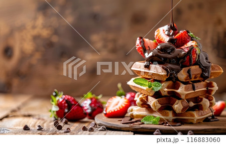 Belgian waffles with melted chocolate and strawberries, flying ingredients. Tasty breakfast concept. Belgian waffles with melted chocolate and strawberries, flying ingredients. Tasty breakfast concept. 116883060