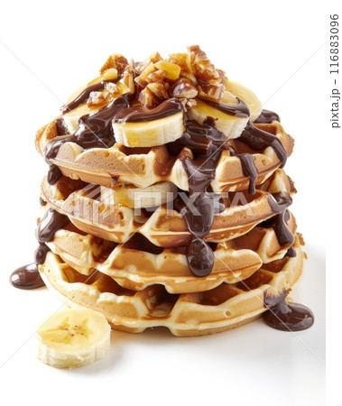 Belgian waffles with melted chocolate and bananas, flying ingredients. Tasty breakfast concept. Belgian waffles with melted chocolate and bananas, flying ingredients. Tasty breakfast concept. 116883096
