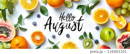 Hello August - modern calligraphy lettering on banner background with fruity frame Hello August - modern calligraphy lettering on banner background with fruity frame 116883101