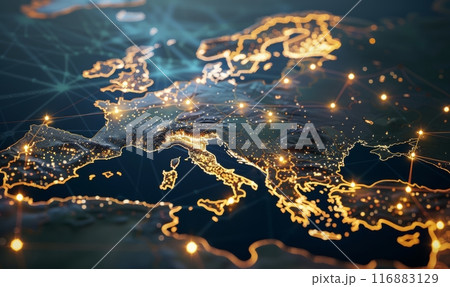 Map of Europe with global connection lines and lights. Worldwide technology concept. 116883129