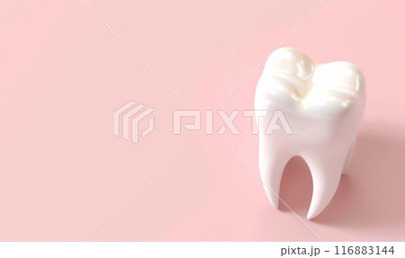Tooth on light pink background with copyspace. Template for dentist clinic banner background. Tooth on light pink background with copyspace. Template for dentist clinic banner background. 116883144