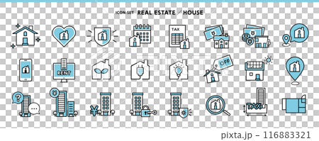 Icon set of houses, apartments, and buildings - cleaning, taxes, eco-friendly housing, all-electric, solar power generation, 116883321