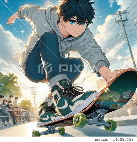 スケートボードに乗り注目を浴びる男子のイラスト素材 [116883552] - PIXTA