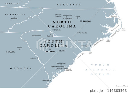 The Carolinas or simply Carolina, U.S. states North and South Carolina, gray political map, with borders and capitals Raleigh and Columbia. Bordered by Virginia, Tennessee, Georgia, and the Atlantic. 116883568