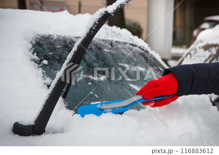Hand of woman using brush and remove snow from car and windscreen Hand of woman using brush and remove snow from car and windscreen 116883612