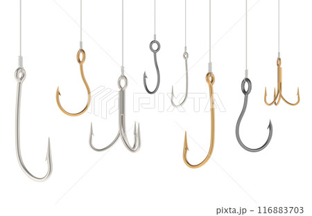 Many Fishing Hooks on fishing lines. 3D rendering Many Fishing Hooks on fishing lines. 3D rendering 116883703