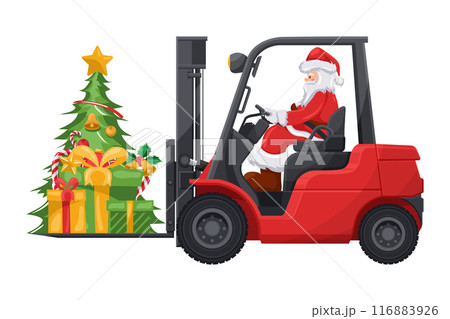 Santa Claus driving a red forklift with Christmas tree, gift boxes, candy canes on a pallet. Christmas campaign for cargo logistics and shipping of high demand merchandise for the Christmas 116883926