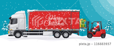 Santa Claus driving a forklift. Loading gifts to container truck. Christmas landscape. Christmas campaign for cargo logistics and shipping of high demand merchandise for the Christmas season 116883937
