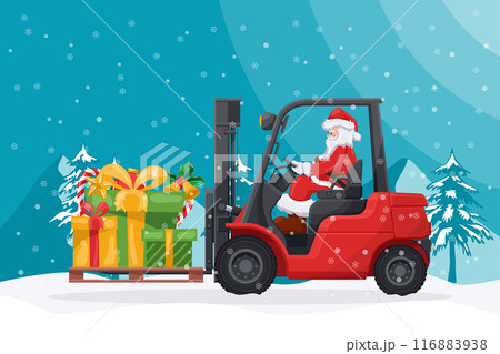 Santa Claus driving a red forklift with gift boxes, candy canes on a pallet for delivery and shipping. Christmas campaign for cargo logistics and shipping of high demand merchandise for the Christmas 116883938