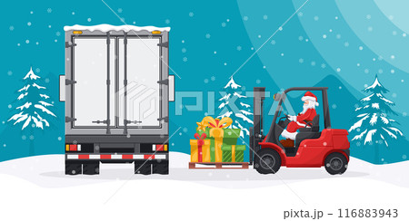 Santa Claus driving a forklift. Loading gifts to container truck. Christmas landscape. Christmas campaign for cargo logistics and shipping of high demand merchandise for the Christmas season Santa Claus driving a forklift. Loading gifts to container truck. Christmas landscape. Christmas campaign for cargo logistics and shipping of high demand merchandise for the Christmas season 116883943