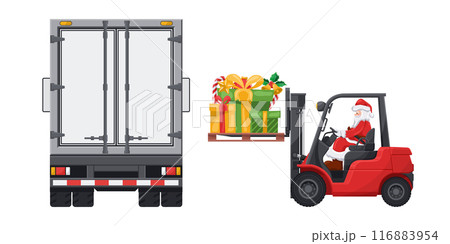 Santa Claus driving a red forklift . Loading gift boxes into a container truck for distribution. Christmas campaign for cargo logistics and shipping of high demand merchandise for the Christmas season 116883954