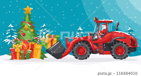 Santa Claus driving front loader carrying gifts to a Christmas tree. Christmas winter landscape with snow. Celebrating the beginning of a happy new year. Heavy machinery in the construction industry 116884010