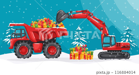 Caterpillar excavator loading Christmas gifts to a mining truck. Christmas winter landscape with snow. Celebrating the beginning of a happy new year. Heavy machinery in the construction industry Caterpillar excavator loading Christmas gifts to a mining truck. Christmas winter landscape with snow. Celebrating the beginning of a happy new year. Heavy machinery in the construction industry 116884014