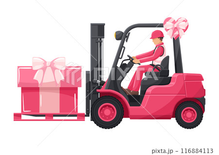 Industrial worker driving a pink forklift carrying a gift box for Valentine's Day. Logistics campaign for loading and shipping high-demand merchandise for Valentine's Day 116884113
