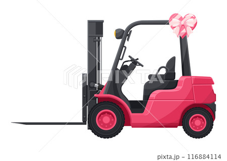 Pink forklift for industrial use, warehouses, manufacturing complexes, logistics centers and self service stores for the transport of pallets with goods, loading and unloading of containers 116884114