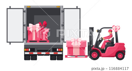 Industrial worker driving a pink forklift loading gift boxes to a container truck celebrating Valentine's Day. Logistics campaign for loading and shipping high demand merchandise for Valentine's Day 116884117