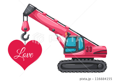 Telescopic crawler crane or chain crane cartoon pink color lifting a heart card for Valentine's Day. Heavy machinery used in the construction and mining industry 116884155
