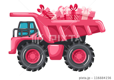 Mining truck carrying gift boxes for Valentine's Day. Pink dumper delivering surprises and gifts. Heavy machinery used in the construction and mining industry Mining truck carrying gift boxes for Valentine's Day. Pink dumper delivering surprises and gifts. Heavy machinery used in the construction and mining industry 116884156