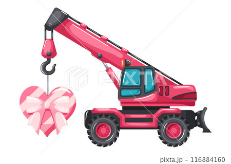 Telescopic crane on wheels cartoon pink color lifting a heart shaped gift box for Valentine's Day. Heavy machinery used in the construction and mining industry 116884160