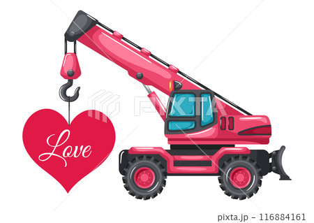 Telescopic crane on wheels cartoon pink color lifting a heart card for Valentine's Day. Heavy machinery used in the construction and mining industry 116884161