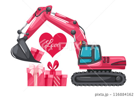 Tracked or crawler excavator loading boxes of gifts for Valentine's Day. Heavy machinery used in the construction and mining industry Tracked or crawler excavator loading boxes of gifts for Valentine's Day. Heavy machinery used in the construction and mining industry 116884162