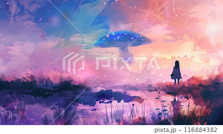 small girl standing in a surreal landscape with a giant mushroom-like structure  116884382