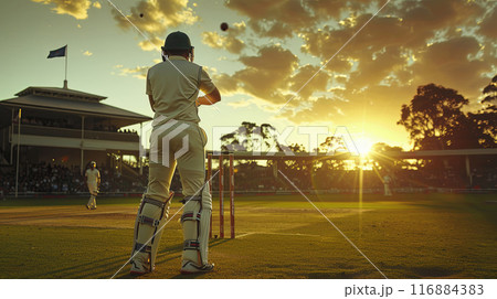 a cricket player preparing to bat at sunset, with the sun setting behind the trees  116884383
