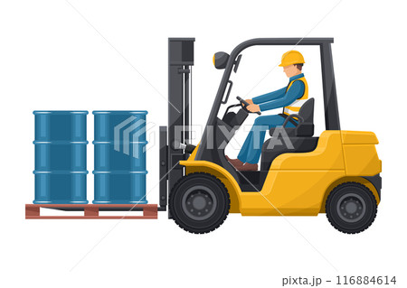 Safely driving a forklift. Fork lift truck with barrel pallet of hydraulic or petroleum oil, toxic materials. Lift truck driving safety. Security First. Industrial Safety and Occupational Health 116884614