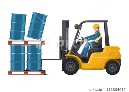 Forklift accident. Fork lift truck hitting barrel of hydraulic or petroleum oil, toxic materials. Forklift driving safety. Security First. Industrial Safety and Occupational Health 116884615