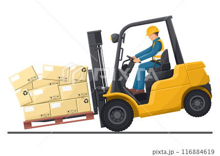 Dangers of driving a forklift. Industrial worker in an accident with boxes falling on the fork lift truck. Work accident in a warehouse. Security First. Industrial Safety and Occupational Health 116884619