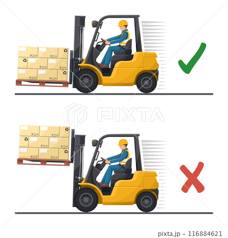 Do not drive with the forks raised or with a elevated load. Safety in handling a fork lift truck. Security First. Accident prevention at work. Industrial Safety and Occupational Health 116884621