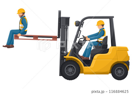 Transporting people on the forklift is prohibited. Dangers of driving a forklift. Forklift driving safety. Work accident in a warehouse. Security First. Industrial Safety and Occupational Health Transporting people on the forklift is prohibited. Dangers of driving a forklift. Forklift driving safety. Work accident in a warehouse. Security First. Industrial Safety and Occupational Health 116884625