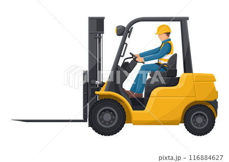 Industrial worker carefully driving a forklift. Forklift truck with man driving. Industrial storage and distribution of products. Industrial Safety 116884627