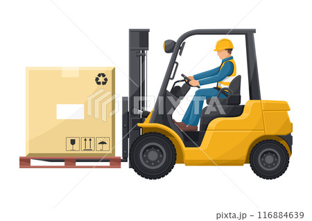 Industrial worker carefully driving a forklift. Yellow lift truck transporting a box packing pallet to a warehouse. Industrial storage and distribution of products. Industrial Safety Industrial worker carefully driving a forklift. Yellow lift truck transporting a box packing pallet to a warehouse. Industrial storage and distribution of products. Industrial Safety 116884639