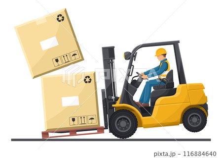 Dangers of driving a forklift. Industrial worker in an accident with boxes falling on the fork lift truck. Work accident in a warehouse. Security First. Industrial Safety and Occupational Health 116884640