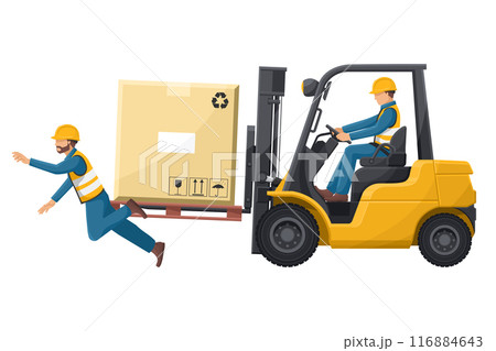 Industrial worker driving a forklift in an accident to a worker. Danger and caution sign for forklift traffic. Work accident in a warehouse. Security First. Industrial Safety and Occupational Health 116884643