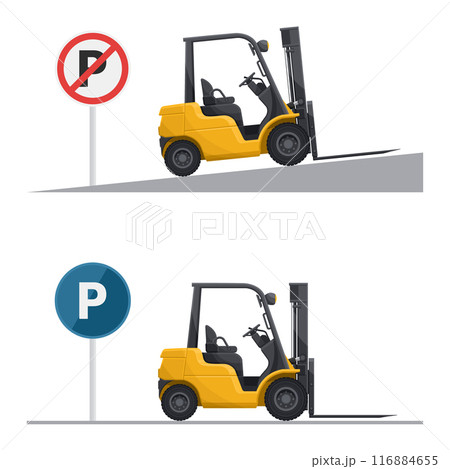 Properly parking the forklift on flat surfaces and not on slopes. Safety in handling a fork lift truck. Security First. Accident prevention at work. Industrial Safety and Occupational Health 116884655
