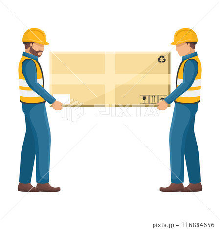 Industrial delivery workers carrying a box for shipping. Security First. Cargo and shipping logistics. Industrial storage and distribution of products. Industrial Safety and Occupational Health 116884656