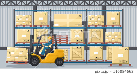 Industrial warehouse with pallet racks with stacked boxes. Industrial worker driving a forklift. Forklift driving safety. Cargo and shipping logistics. Industrial storage and distribution of products 116884662