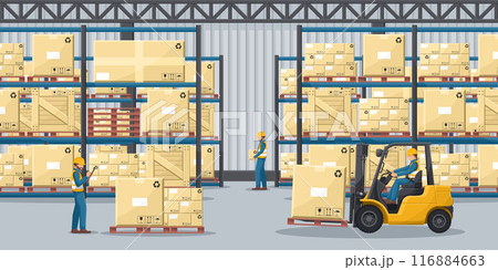 Warehouse interior with pallet racks with stacked boxes. Industrial worker driving a forklift. Forklift driving safety. Cargo and shipping logistics. Industrial storage and distribution of products 116884663
